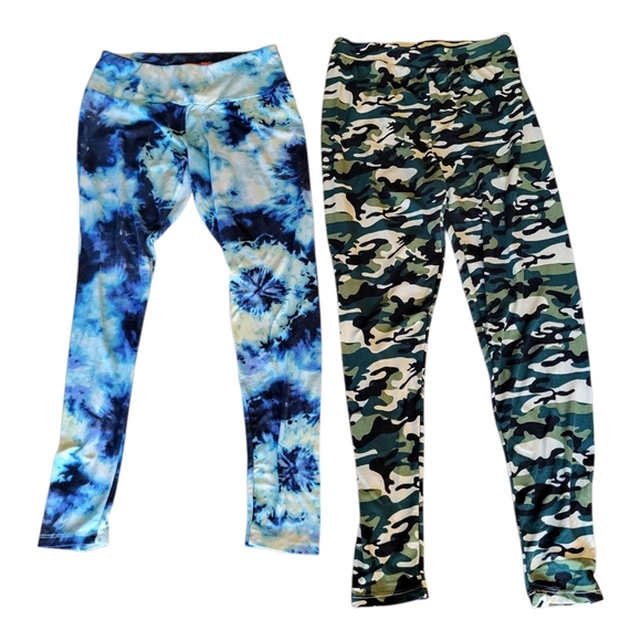 Blue Tie-dye and Green Camouflage Leggings Duo - Size L - Picture 1 of 3